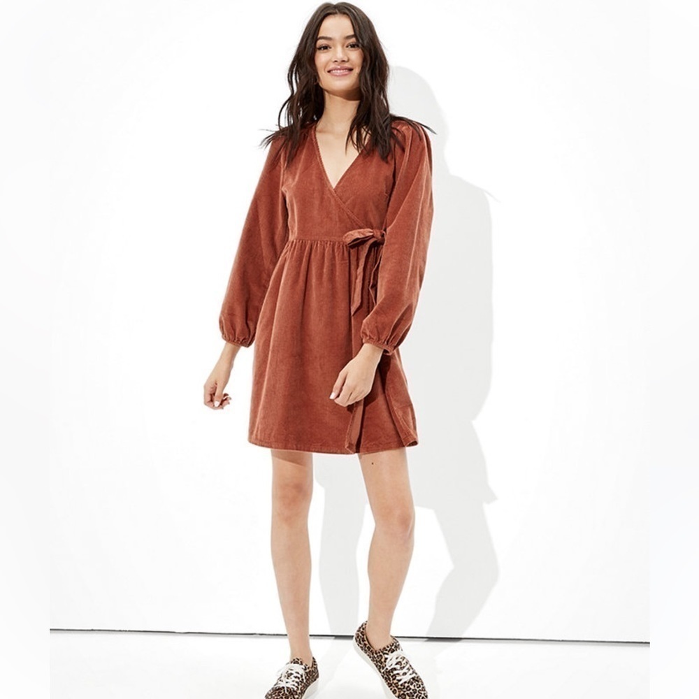 American Eagle AE Y2K Corduroy Terracotta Brown Faux Wrap Western Country Chic